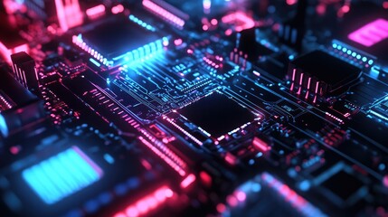 Obraz premium Advanced circuit board technology with vibrant neon highlights for remote diagnostics and troubleshooting of electronic devices