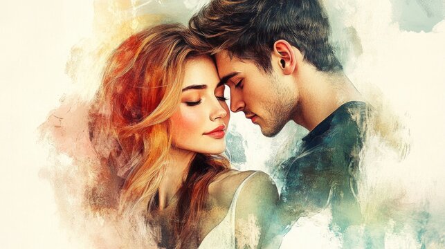 Romantic Portrait of Young Couple in Tender Embrace with Artistic Watercolor Background - Powered by Adobe