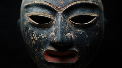 Oribet tribal mask intricately designed against a dark background highlighting its texture and cultural significance