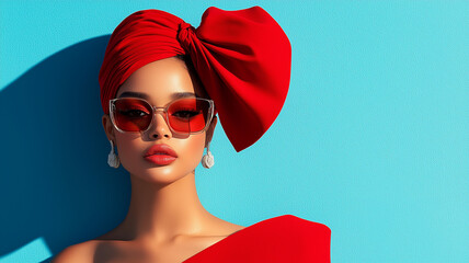 model in striking red outfit and headwrap poses against blue background