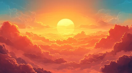Vibrant Orange Sunset Over Layered Clouds with Dramatic Red and Blue Sky Highlights
