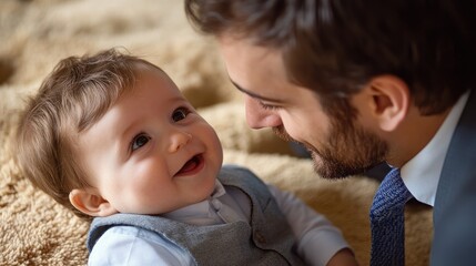 Father bonding with baby, sharing a joyful moment, showcasing love and connection between parent and child.