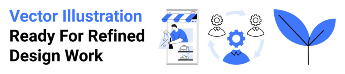 Designer drawing on tablet, gear system symbolizing collaboration, and sprouting leaf for growth. Ideal for creativity, innovation, teamwork, design, productivity, development flat landing page