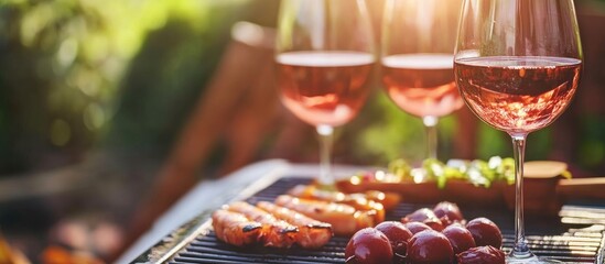 Friends gathering at outdoor barbecue with wine and grilled food in garden capturing joyful moments with space for text and marketing use