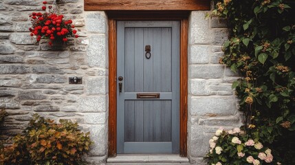 Charming house entrance featuring a gray wooden door framed by light brick walls and vibrant green plants with blooming flowers