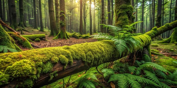 Dense foliage surrounds a fallen tree branch, covered in moss and ferns, on the forest floor amidst towering trees