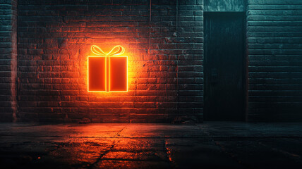 Neon gift box sign glowing on brick wall in dark alley