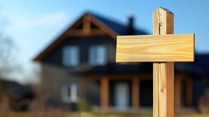 Weathered real estate sign leaning on wooden post with house background showcasing rural property for sale or rent in sunlight.