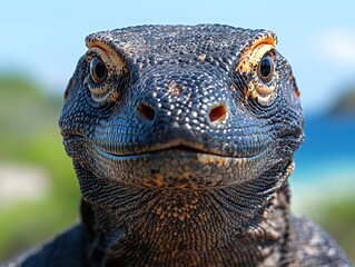 Komodo dragon closeup portrait with intricate scales and blurred natural background