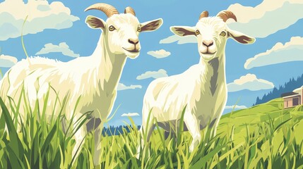 Obraz premium Organic Goats Grazing in Lush Green Pasture with Blue Sky and Fluffy Clouds Scenic Landscape Illustration