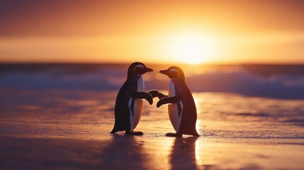 Adorable Penguin Couple Engaging in Romantic Proposal at Sunset by Beachside Ocean Waves