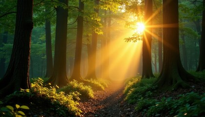 Obraz premium Golden sunbeams pierce dense canopy, illuminating forest floor, illustration, mood