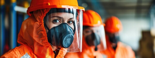 Warehouse emergency responders in safety gear conducting health checks before disaster rescue operation with space for text inclusion