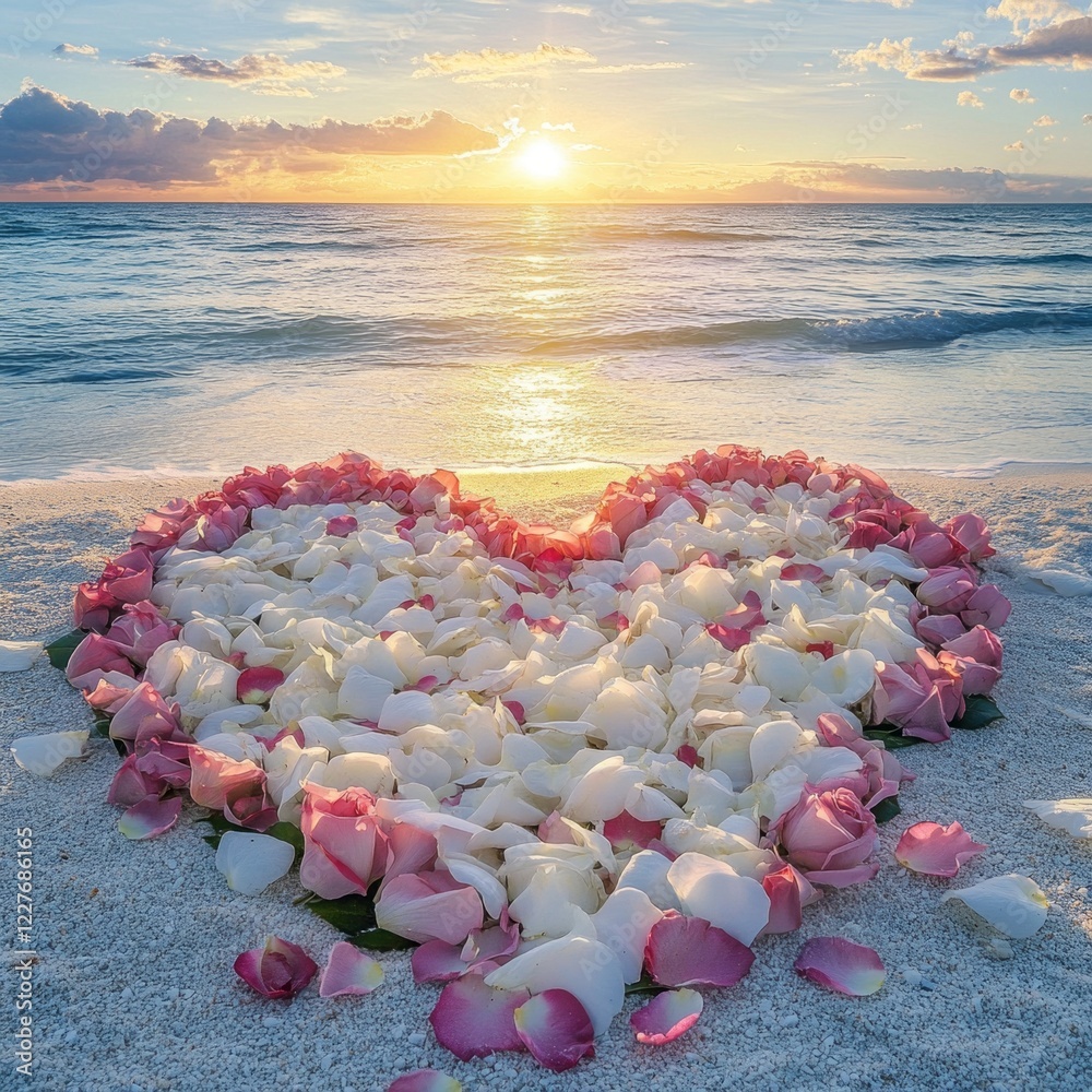 Poster a heart made of pink and white roses rests on soft sands as the sun sets over the tranquil ocean wav