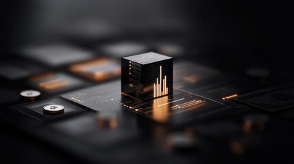 Innovative data analytics concept featuring futuristic black and orange digital interface with glowing graphs and technological elements.