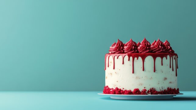 Delicious Red Velvet Cake with Creamy Topping Against a Soft Blue Background Ideal for Dessert Promotions and Culinary Displays