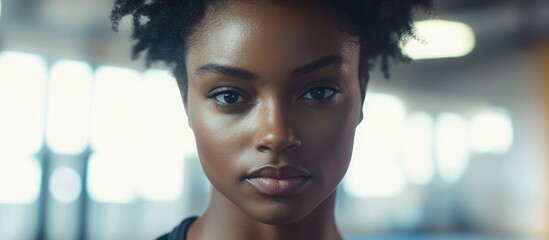 Black female athlete focused in gym ready for battle rope workout with empty copyspace for motivational text and fitness branding