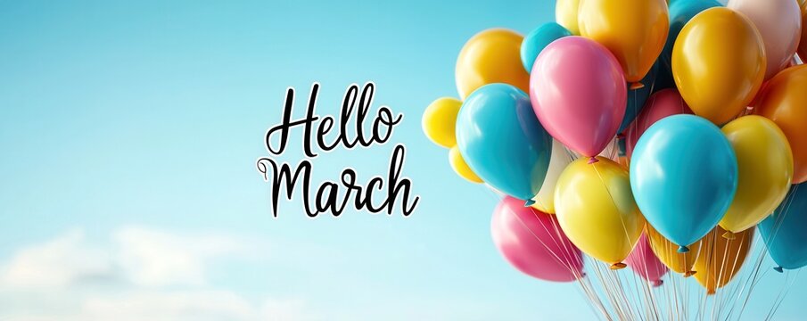 Hello march colorful background. A vibrant image featuring colorful balloons against a blue sky, with the cheerful text "Hello March" inviting the arrival of the new month.