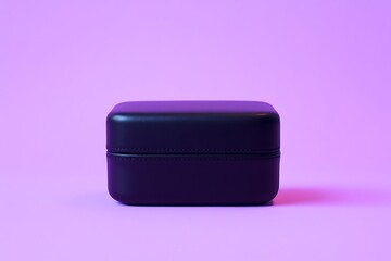 A sleek black leather box set against a vibrant purple background.
