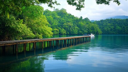 Tranquil Nature Scene with Wooden Pier and Lush Green Foliage