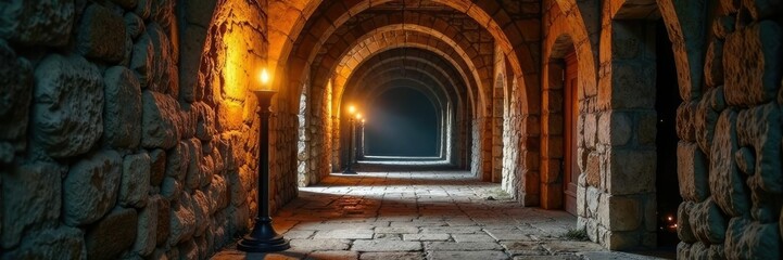 Corridors of weathered stone lined with torches and a sense of age, peaceful, serene, ancient