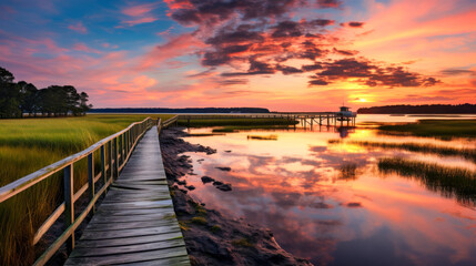 Obraz premium Winding wooden hiking trail through serene marshland at sunset revealing vibrant colors reflecting on still waters