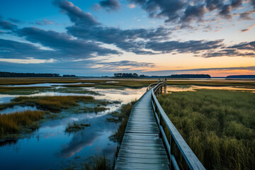 Winding wooden hiking trail through a serene landscape with tranquil waters and lush greenery under a bright sky
