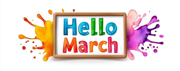 Hello march colorful background. A colorful graphic featuring the text "Hello March" surrounded by vibrant paint splashes, welcoming the month of March.