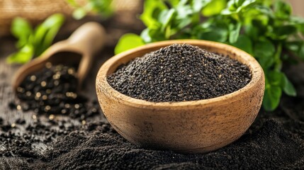Organic soil fertilizer containing sprouting seeds in a rustic wooden bowl surrounded by fresh greenery and earth.