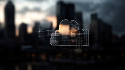 Cloud computing technology concept against city skyline. Digital transformation, data storage, and future innovation in urban environments.