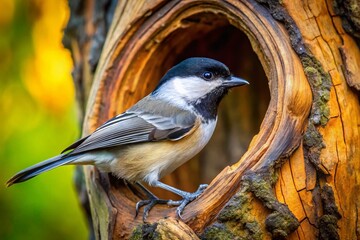 Obraz premium Black-capped Chickadee Nest in Hollow Tree - High-Resolution Stock Photo