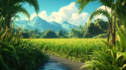 Obraz premium Organic Sugar Cane Fields Surrounded by Lush Green Meadows and Mountains Under a Clear Blue Sky