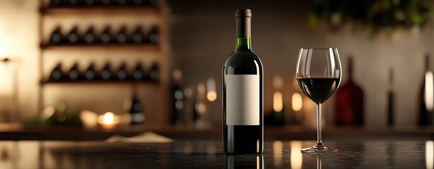 Elegant wine bottle and glass on a bar