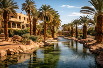 Serene oasis showcases tranquil waters and palm trees in arid desert landscape under clear blue sky