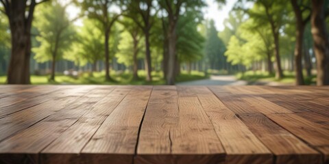 Simple wooden table with out of focus trees in the background, wooden, simple, defocused