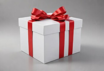 Obraz premium Simple white box with a bright red ribbon tied in a bow on top, ribbon, bow, white box