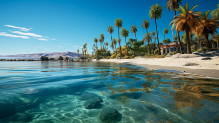 Serene oasis showcases tranquil waters and palm trees in arid desert landscape under clear blue sky