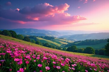 Obraz premium A blanket of soft pink cosmos covers the rolling hills and valleys of a countryside landscape, valleys, countryside