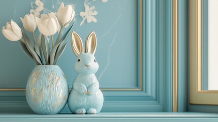 Soft pastel Easter decor with ceramic bunny figurines and blooming tulips on a sunny windowsill