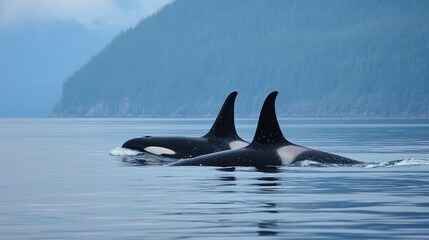 Orcas breaching the surface in the serene waters of the open ocean showcasing their natural hunting behavior.