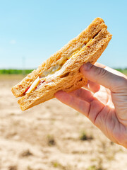Eating a triangle shaped sandwich on a field on a hot summer day.