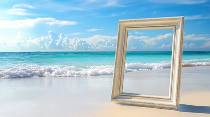 Summer photo frame on beach with beautiful ocean view creating a picturesque photography spot for vacation memories and relaxation.