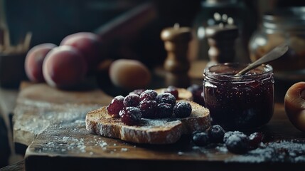 Rustic kitchen setting with organic plum jam on toast garnished with fresh berries and sugar in a warm, inviting atmosphere.