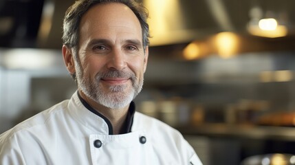 Fototapeta premium Confident mature male chef smiling in professional restaurant kitchen environment with modern equipment and soft lighting ambiance