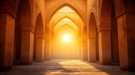 Obraz premium Sunlit arches, mosque hallway, desert, travel poster