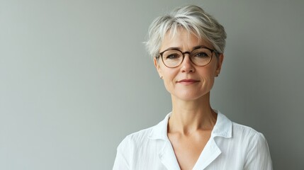 Confident female psychologist with short silver hair wearing glasses, posed against a gray background with ample copy space for text.