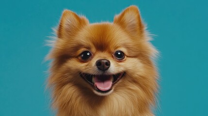 Obraz premium Happy Pomeranian dog portrait with joyful expression against a vibrant blue background capturing the essence of playful canine companionship.