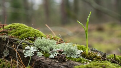 Obraz premium Green shoot pushing through moss and lichen, new shoots, botany, seeds, forest ecology