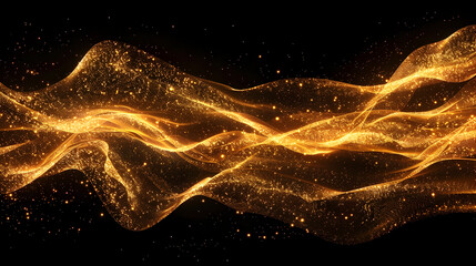 A flowing wave of golden light with sparkling particles on a black background.