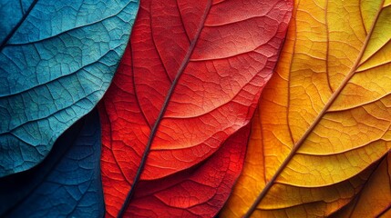 Obraz premium A close up of colorful leaves with a blue leaf on the left